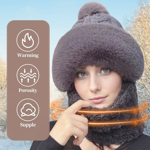 1Pc 3-in-1 Knitted Beanie Hat with Scarf and Mask,Winter Knitted Balaclava Hood with Mask Scarf Ear Muffs Pompom Plush Lined Snow Caps,Winter Warm Plush Elastic Ski Mask Face Cover Beanie Hat,Black