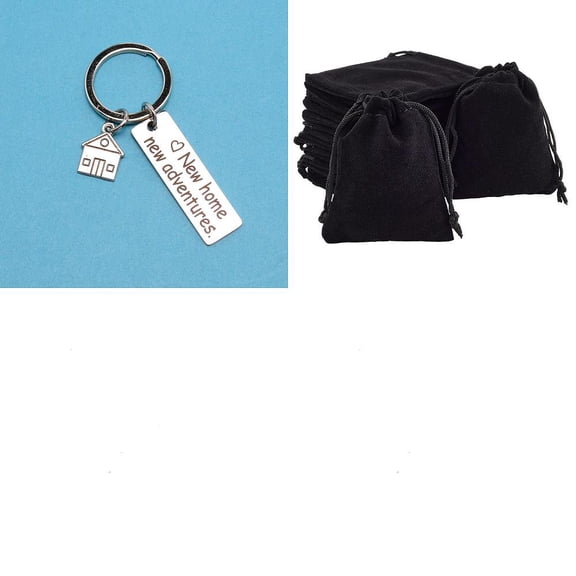 1Pc 304 Stainless Steel Lettering Keychains Teachers' Day Theme Rectangle House with Word with 1Pc Rectangle Velvet Pouches