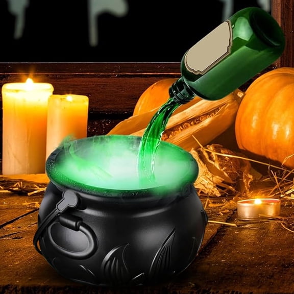 1Pc 30ml Capacity Plastic & Glass Witch Cauldron Diffuser Set, Floating Potion Bottles & Bubbling Effect, Black, for Indoor Halloween Decor