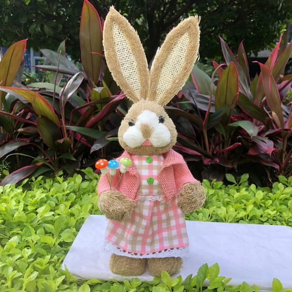 1Pc 35Cm Simulated Straw Easter Rabbit, decorative Plaid Dress & Cropped Jacket, Perfect for Outdoor Bunny decor, Easter Outdoor decor, Spring Outdoor decor and Outdoor Holiday