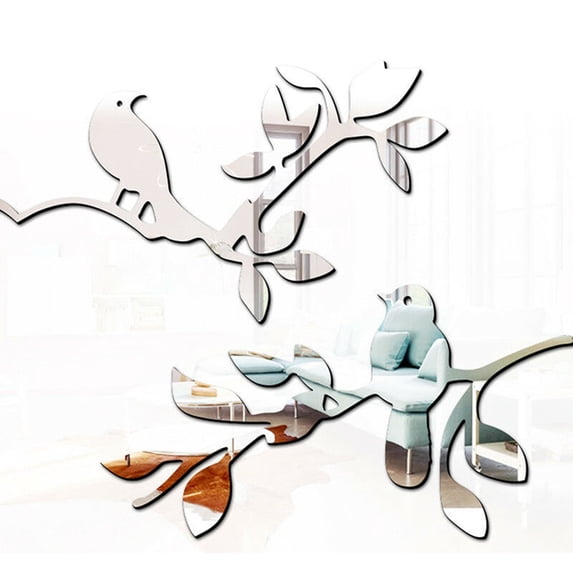 1Pc 3D Bird Mirror Wall Sticker for Bedroom Living Room Sofa Backdrop Tv Wall Background, 3D Removable Acrylic Wall Decor Decal Sticker for Home Decoration Silver