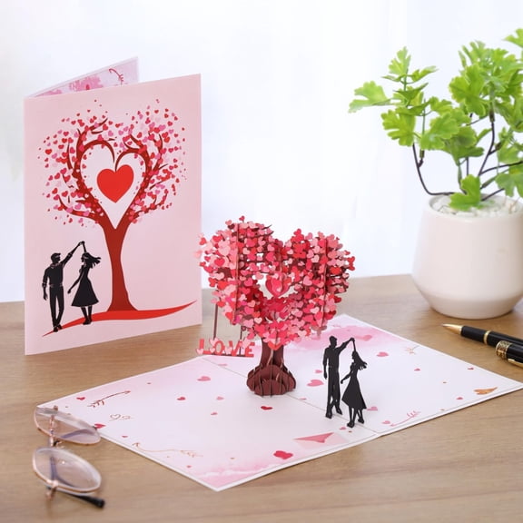 1Pc 3D Pop-Up Heart Tree Greeting Card,Valentine's Day Couple Anniversary Card,Romantic Birthday Love Note,Handmade Paper Craft Card,Pink