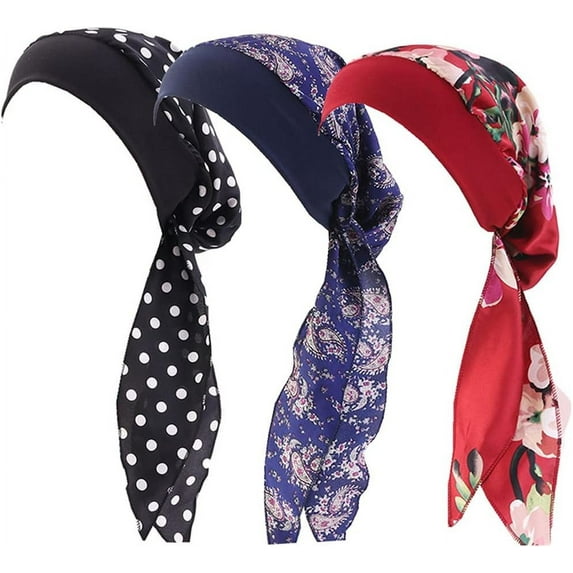 1Pc/3Pcs Women Vintage Silky Turbans Bonnet Elastic Wide Band Multifunction Printing Hat Chemo Hair Loss Cap