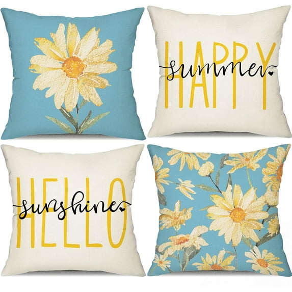 1Pc/4Pcs Summer Pillow Covers Watercolor Daisy Throw Pillow Covers Hello Sunshine Summer Outdoor Decor Cushion Case Decoration for Home Couch Chair Sofa, 16x16inch/18x18inch/20x20inch