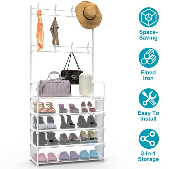 1Pc 5-Tier Freestanding Entryway Organizer with 8 Removable Hooks, Shoe Rack, Coat Rack, and Storage Shelf for Hats, Clothes, and Shoes – Perfect for Front Door, Bedroom, or Hallway