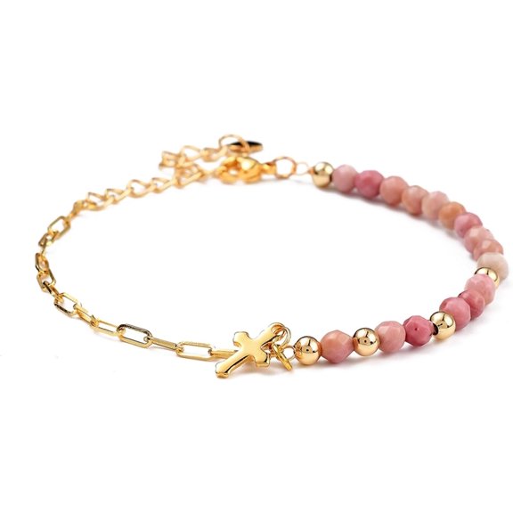 1Pc 7.5Inch Natural Rhodochrosite Link Chain Bracelets String Chain Bracelets Jewelry Gifts Adjustable Handmade Dainty Rope Link Paperclip Stainless Steel Silver Link Infinite for DIY