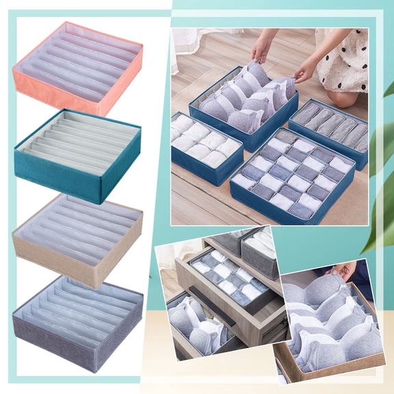 1Pc 7 Compartment Storage Bag Linen 7 Lattice Finishing Box Underwear Bra Storage Box Folding Storage Bag Washable Home Textile Storage