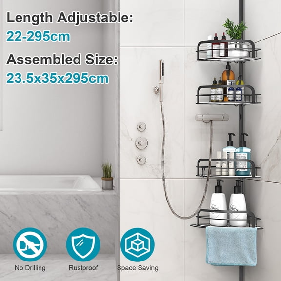 1Pc 8.66-116.14IN Bathroom  Rust-Resistant Corner Shower Caddy, 4 Height Adjustable Floor Standing Bath Storage Rack w/ Tension Pole Towel Bar Hanging Hook