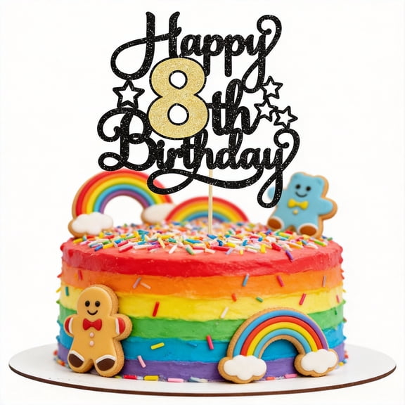 1Pc 8th Happy Birthday Cake Topper Glitter Cheers to 8 Years Cake Pick Happy Birthday Cake Decoration for 8th Birthday Party Decoration Supplies Black Gold