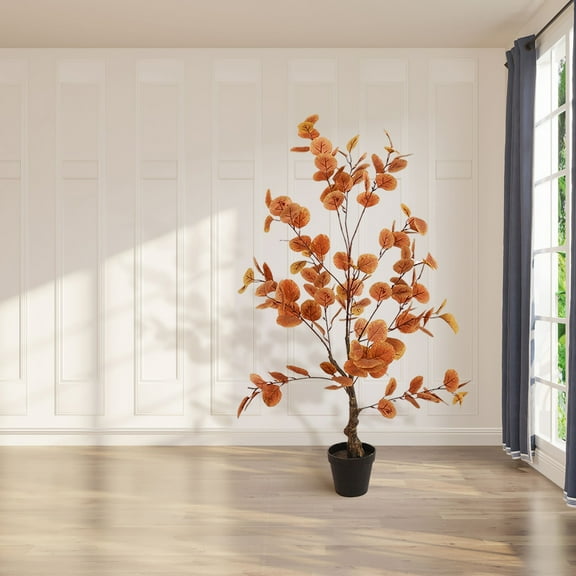 1Pc 90/120cm Artificial Fall Eucalyptus Tree, Faux Autumn Ficus Fall Tree Fake Potted Eucalyptus Tree with Lifelike LeavRealistic