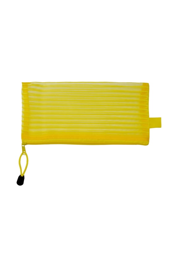 1Pc 9x5 Inch Yellow Striped Mesh Pencil Pouch, Clear Zipper Case, Receipts and Travel Cosmetic Organization