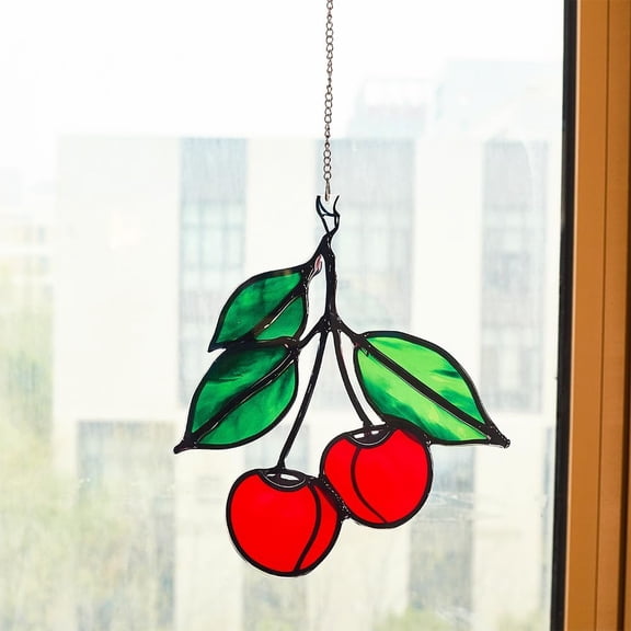 1Pc Acrylic Hanging Suncatchers 202x176x3mm Red Cherry Pattern Hanging Ornament with Iron Chain