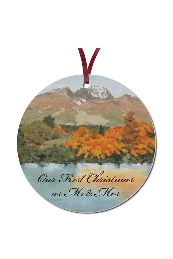 1Pc Acrylic Memorial Flat Round Big Pendants Decorations with 40CM Double Face Satin Ribbon Christmas Theme Mountain Forest for DIY