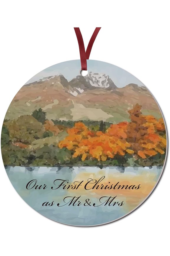 1Pc Acrylic Memorial Flat Round Big Pendants Decorations with 40CM Double Face Satin Ribbon Christmas Theme Mountain & Forest