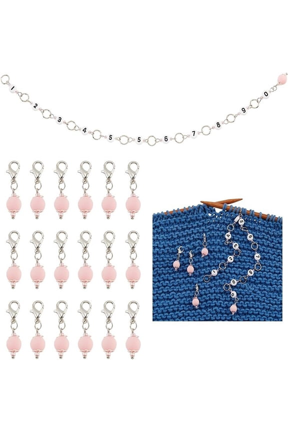 1Pc Acrylic Number Bead Knitting Row Counter Chains with 20Pcs Plastic Pendant Decoration Pink Counter Chain: 26cm Stitch Marker: 3.2cm