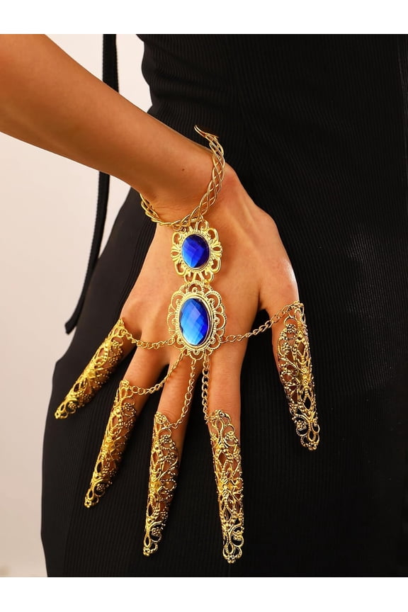 1Pc Acrylic Oval Full Hand Ring Bracelet Golden Iron Open Cuff Bangle with 5 Cuff Rings Hand Chain Hand Harness for Women Black 3/8 inch(1cm)