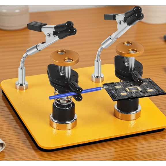 1Pc Adjustable Third Hand Soldering Holder Stand with Clamps, Rotatable Arms, Iron Base for PCB Electronics DIY, Yellow Black, Small