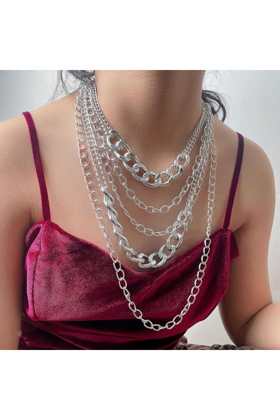 1Pc Alloy Aluminum Cuban Link Chain Multi Layered Necklace 11.81 inch Platinum Punk Jewelry for Women Daily Wear Suitable for a Variety of Occasions