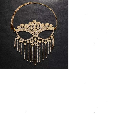1Pc Alloy Headwear Masquerade Masks Rhinestone Tassel Eye Mask with Lobster Claw Clasp Chain Extender for Party Costume Accessories Golden 643mm