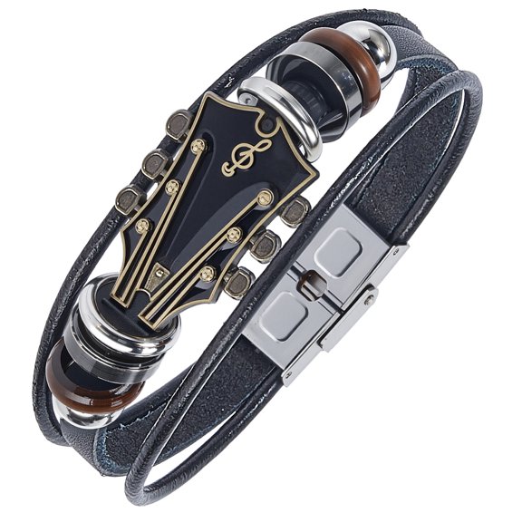 1Pc Alloy Leather Cord Bracelets for Men Women Guitar Black 8-1/8 inch(20.7cm)