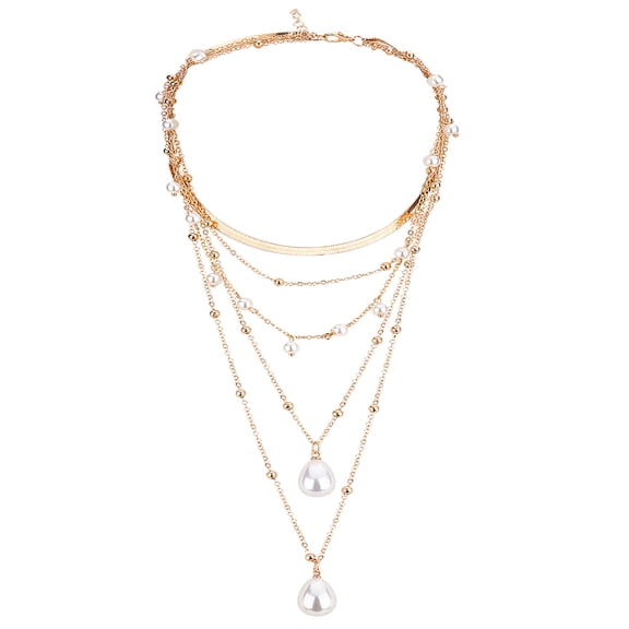 1Pc Alloy Multi Layered Necklaces Plastic Teardrop Pendant Necklaces for Women Golden 13.58 inch(34.5cm)