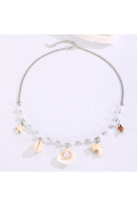 1Pc Alloy & Natural Shell Pendant Necklaces with Plastic Pearl Seashell Color Platinum 17.72 inch(45cm) DIY