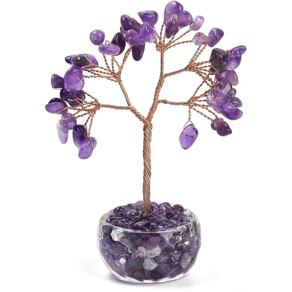 1Pc Amethyst Tree of Life Ornament with Glass Base Copper Wire Decoration for Home Office Desk Gift 66x39.5x100mm Making DIY