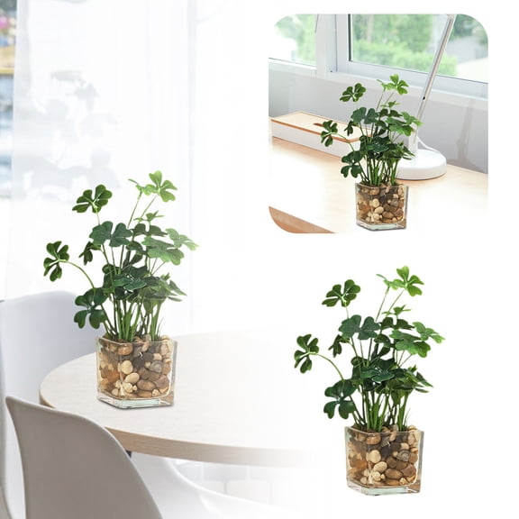 1Pc Artificial Clover Plant Pot Decor, Realistic Greenery Ornament with Glass Pot, Tabletop Shelf Display for Home Office One Size, Clearance Green
