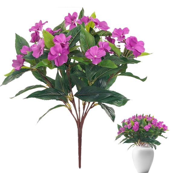 1Pc Artificial Impatiens Flowers for Outdoors,Silk Flower Outside UV Resistant Fake Flowers Plants Bushes,Faux Impatiens for Outdoor,Artificial Petunia Flower Bouquet Simulation Plants,Purple,15.7"
