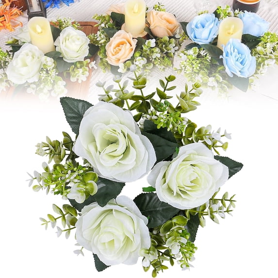 1Pc Artificial Rose Candle Ring Wreath,Artificial Rose Candle Ring Flower Wreath For Candles Candleholders Decor,Festive Wedding Decoration Candlestick Ring For Home Festival Wedding Tabletop Decor,C
