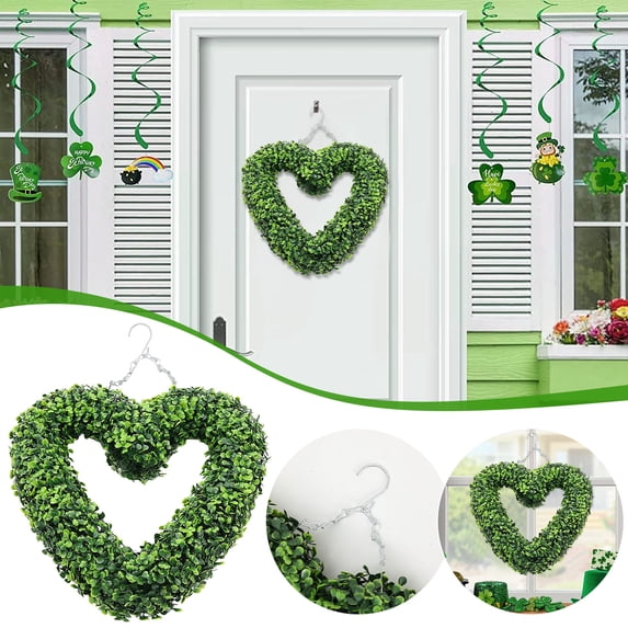 1Pc Artificial Valentine'S Day Heart Shaped Topiary Tree Wreath, St. Patrick'S Day Decorative Plants Artificial Green Leaves Wreath For Indoor Porch Front Door Heart Shaped Simulation Garland