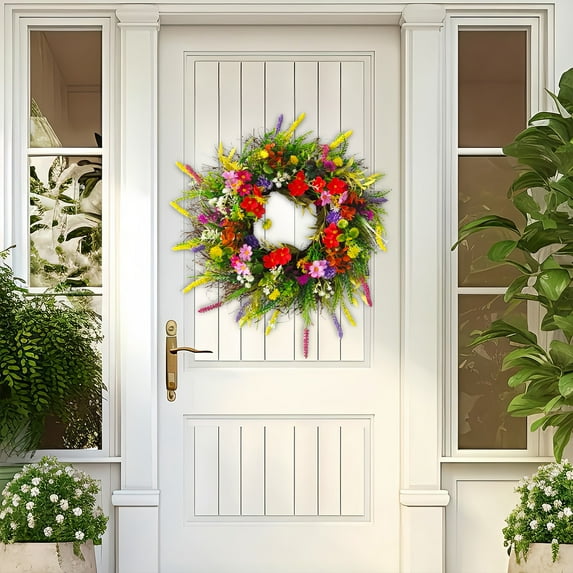 1Pc Artificial Wildflower Wreath 18" Spring and Summer Silk for Front Door Home Wall Wedding Festival Farmhouse Holiday Decor