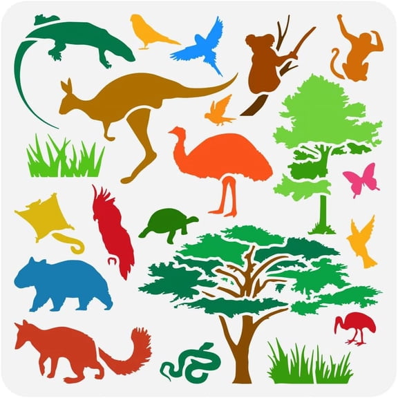 Australian Animals Painting Stencil 11.8x11.8 inch Reusable Kangaroo Sloth Ostrich Lizard Monkey Flamingo Parrot Bird Drawing Template Tree Stencil for Painting on Wood Wall Furniture DIY