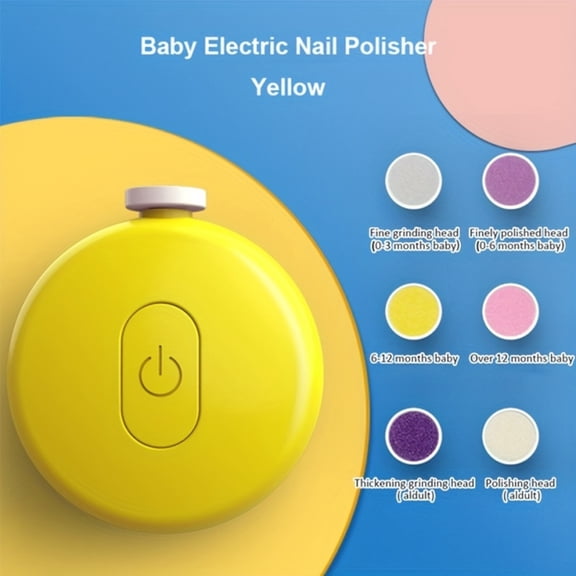 1Pc Baby Electric Nail File, 6 Replacement Heads, Battery-Operated (No Battery Included), Yellow - Safe & Gentle Grooming - Electric Manicure Pedicure