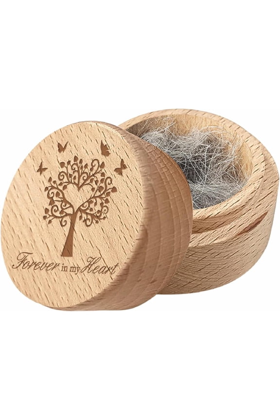1Pc Beech Wood Engraved Pet Hair Keepsake Boxes Round Wooden Pet Fur Memorial Cases with 1Pc Rectangle Velvet Pouches BurlyWood Tree 5x3.6cm Colorful