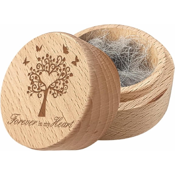 1Pc Beech Wood Engraved Pet Hair Keepsake Boxes Round Wooden Pet Fur Memorial Cases with 1Pc Rectangle Velvet Pouches BurlyWood Tree 5x3.6cm