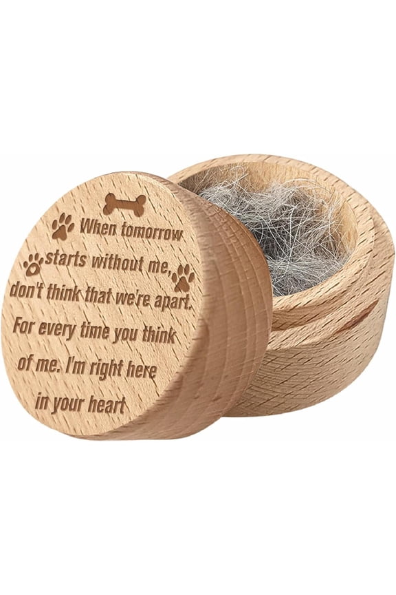 1Pc Beech Wood Engraved Pet Hair Keepsake Boxes Round Wooden Pet Fur Memorial Cases with 1Pc Velvet Drawstring Pouches Word 5x3.6cm DIY