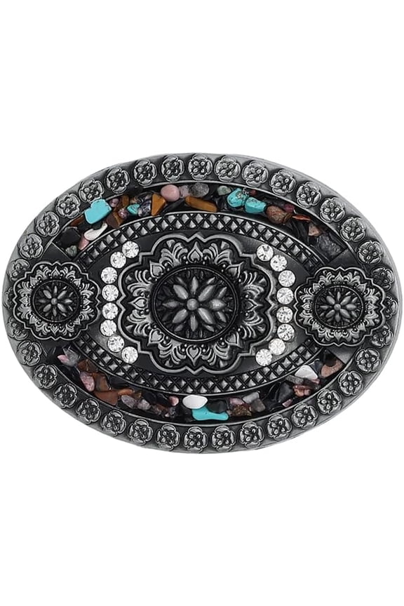 1Pc Belt Buckles 99.5x74.5x15mm Silver Alloy Oval Floral Engraved Design with Colorful Stone Boho Style Fashion Buckles for Women Dress Skirt Clothing Decoration