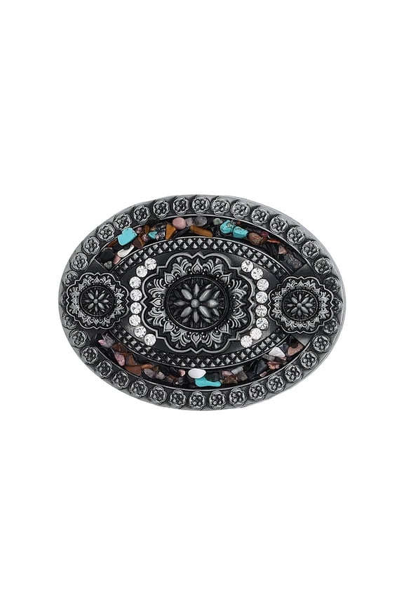 1Pc Belt Buckles 99.5x74.5x15mm Silver Alloy Oval Floral Engraved Design with Colorful Stone Boho Style Fashion Buckles