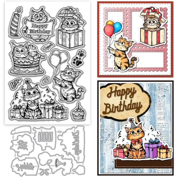 1Pc Birthday Kitten Theme Carbon Steel Cutting Dies Stencils with 1 Sheet Pvc Plastic Clear Stamps for DIY Scrapbooking Photo Album Decorative Embossing Paper Card Cat Shape