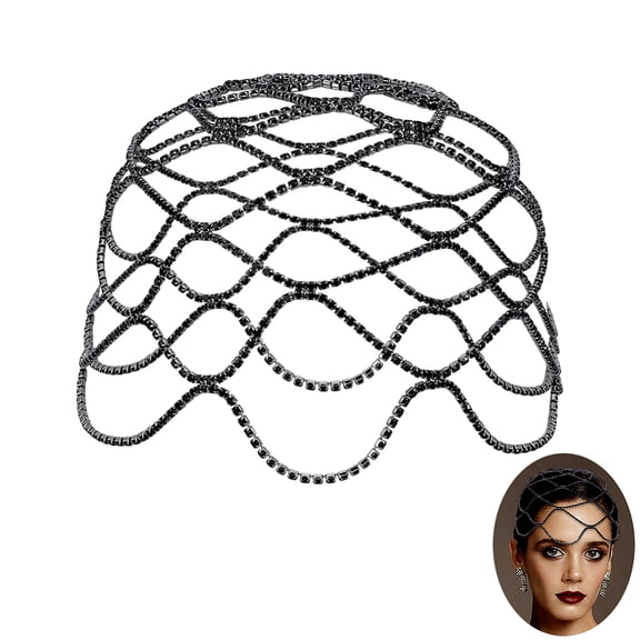 1Pc Black 1920s Cap Headpiece Rhinestone Flower Head Chain Elegant Hair Chain Hat Gothic Hair Accessories