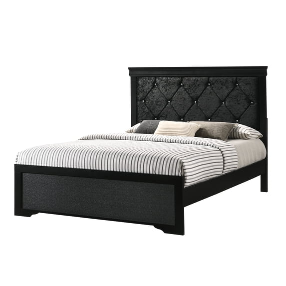 1Pc Black Finish Full Size Panel Upholstered Button Tufted Headboard Bed Wooden Bedroom Furniture