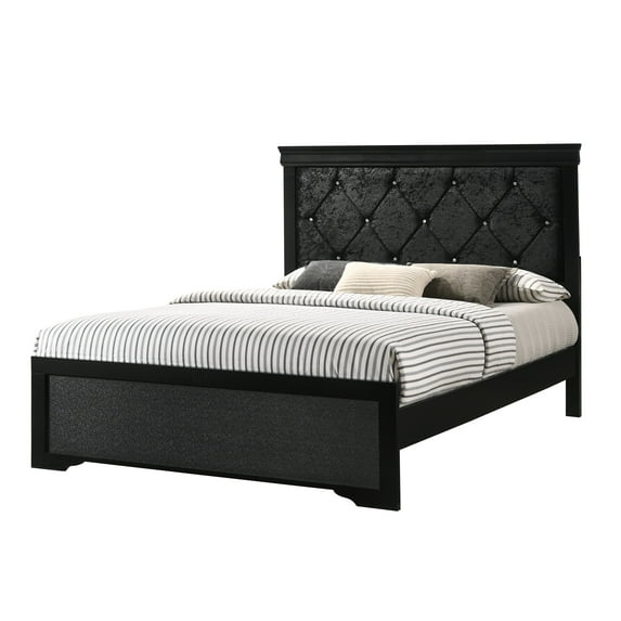 1Pc Black Finish King Size Panel Upholstered Button Tufted Headboard Bed Wooden Bedroom Furniture