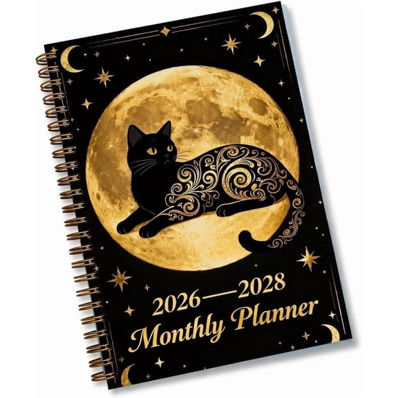 1Pc Black & Golden 2026-2028 Planner Gold Cat Tarot Spiral Gothic Moon Phase Diary, A5 Monthly Calendar & Undated Notebook, Witchy Gift for Cat Lovers