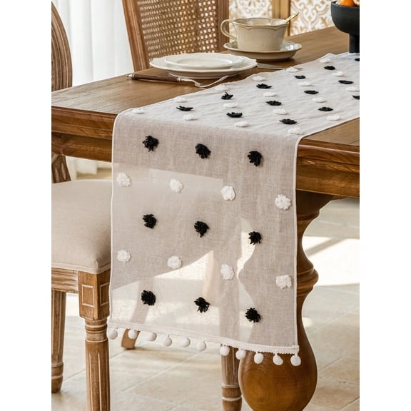 1Pc Black Sheer Mesh Table Runner With Pom Pom Tassel Decor 35x300cm Farmhouse