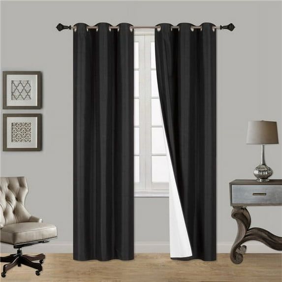 1Pc Black Silver (Eid) Lined Foam Backing Blackout Faux Silk Drape Panel Top Chrome Metallic Grommet Window Curtain Treatment Drape 2 Shade 37 Wide X 108 Length