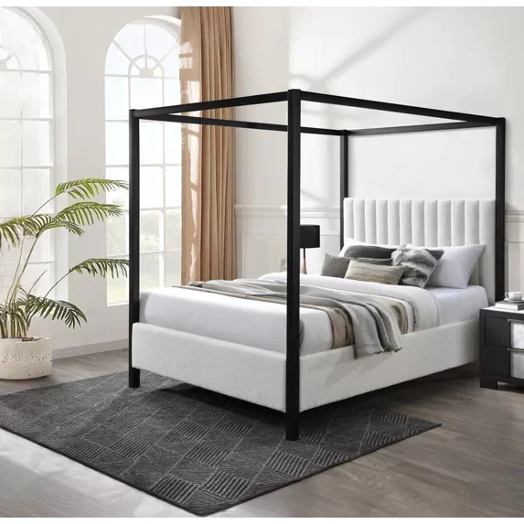 1Pc Black White King Canopy Poster Bed Luxurious Bedroom Wooden Furniture