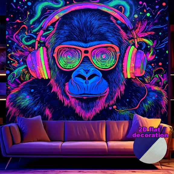 1Pc Blacklight Tapestry Bedroom DJ Gorilla Music Tapestry 70x90 Inch Funny Orangutan Wall Hanging Decor UV Reactive Glow in the Dark Wall Hanging Decorative Art Bedroom Living Room Party Home Decor