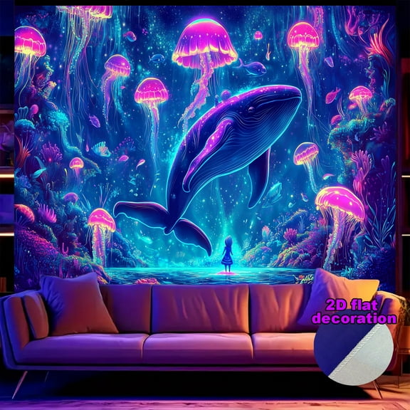 1Pc Blacklight Tapestry,UV Reactive Blacklight Poster,Jellyfish Undersea World Tapestries, Dolphin Wall Art for Bedroom, Bedroom and Living Room Wall Decoration 90.55X70.1in