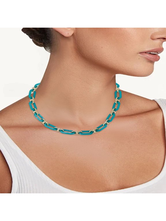 1Pc Block Chain Necklace Oval Link Chain Necklace for Women Elegant Gift 17.32 inch(44cm) Blue